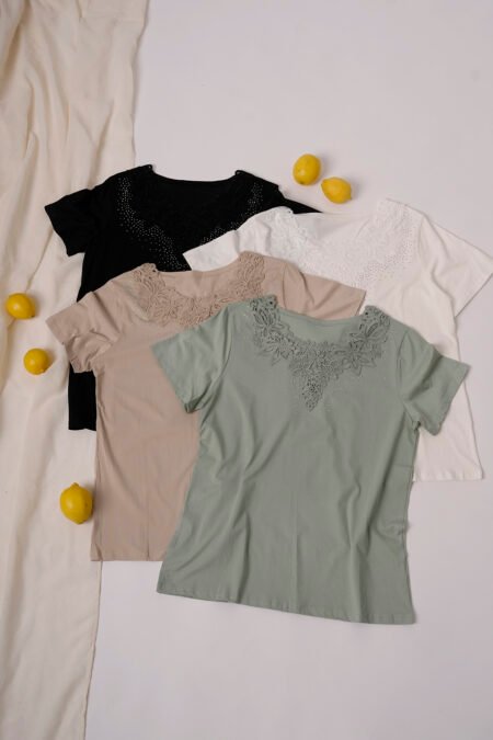 Remera manga corta lycra puntilla-tacha broderie "KRISTEN"