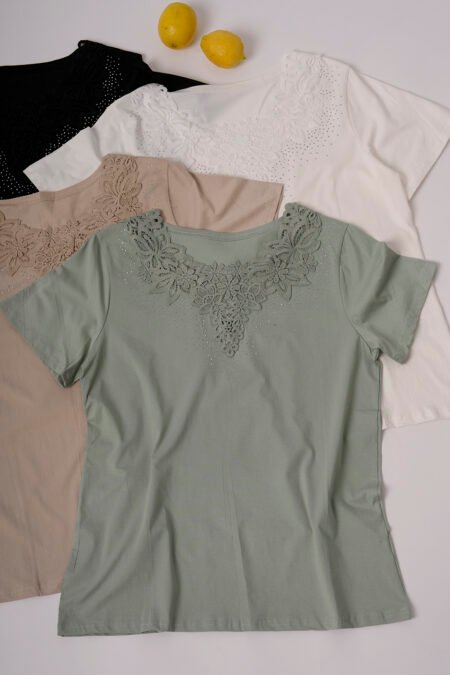 Remera manga corta lycra puntilla-tacha broderie "KRISTEN" - Imagen 2