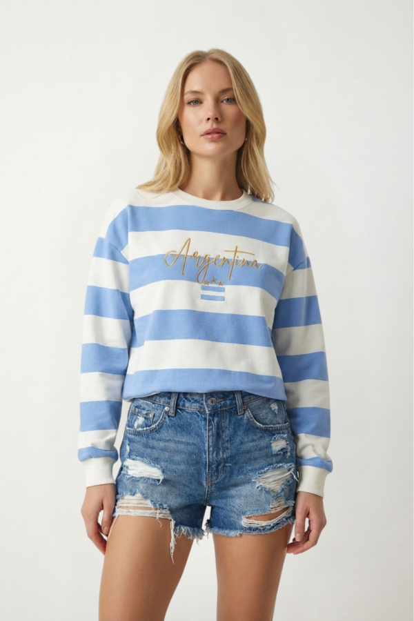 Buzo Frisado Cuello Redondo Rayado Argentina 3 Estrellas Y Bandera Sin Sol "GOLD"