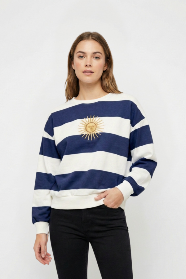 Buzo boxy frisado cuello redondo rayado sol de mayo bordado "MONTI"