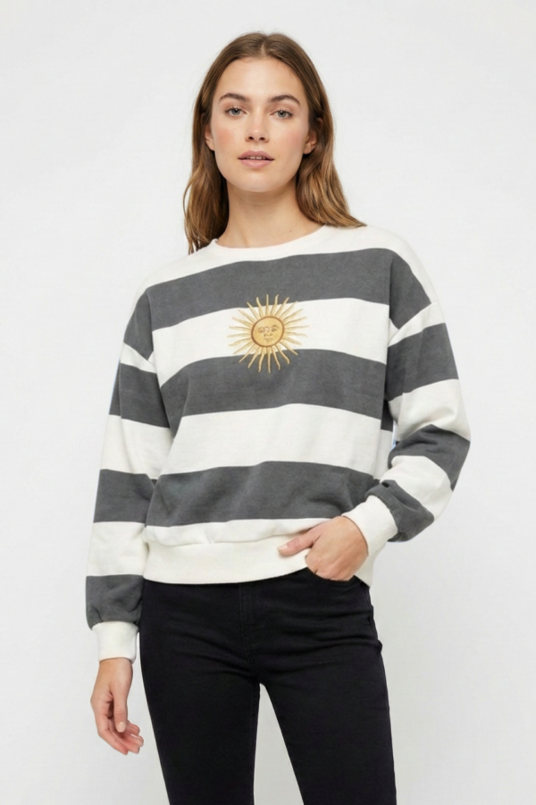 Buzo Boxy Frisado Cuello Redondo Rayado Sol De Mayo Bordado "MONTI"