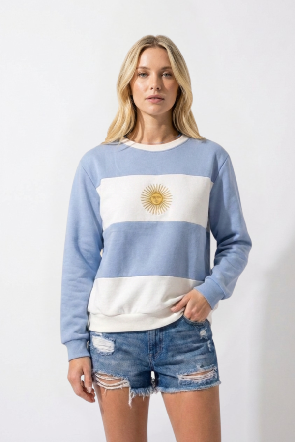 Buzo frisa peinado cuello redondo sol de mayo bordado "PASION"