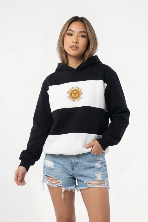 Buzo frisa peinado con capucha sol de mayo en DTF argentina "BANDERA"