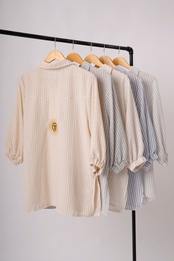 Camisa larga lino rayado manga fruncida sol bordado "DELTA"