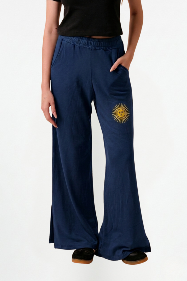 Palazzo Wide Leg Rustico Frisado Con Tajo Y Sol Bordado "CLOVER"