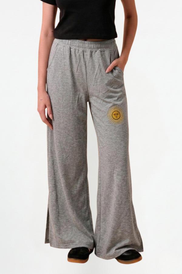 Palazzo Wide Leg Rustico Frisado Con Tajo Y Sol Bordado "CLOVER"