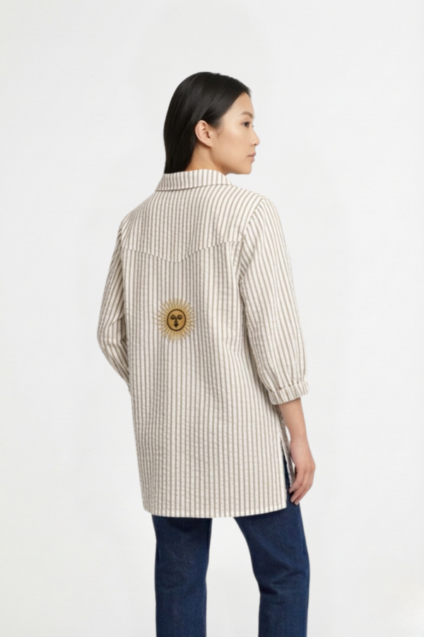 Camisa larga lino rayado manga fruncida sol bordado "DELTA"