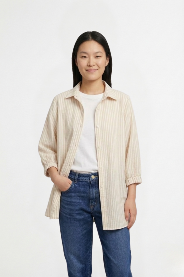 Camisa larga lino rayado manga fruncida sol bordado "DELTA"