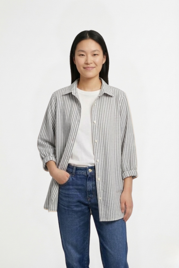 Camisa larga lino rayado manga fruncida sol bordado "DELTA"