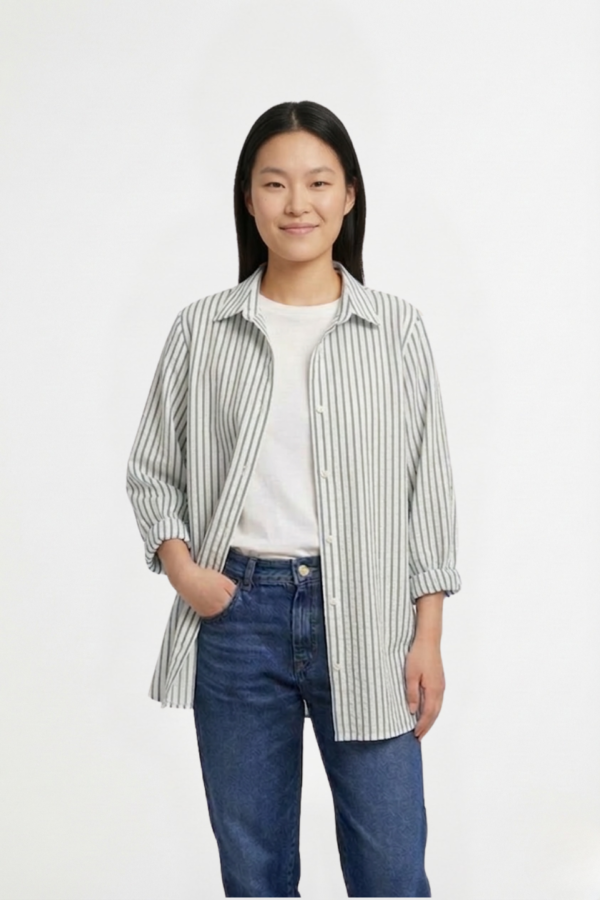 Camisa larga lino rayado manga fruncida sol bordado "DELTA"