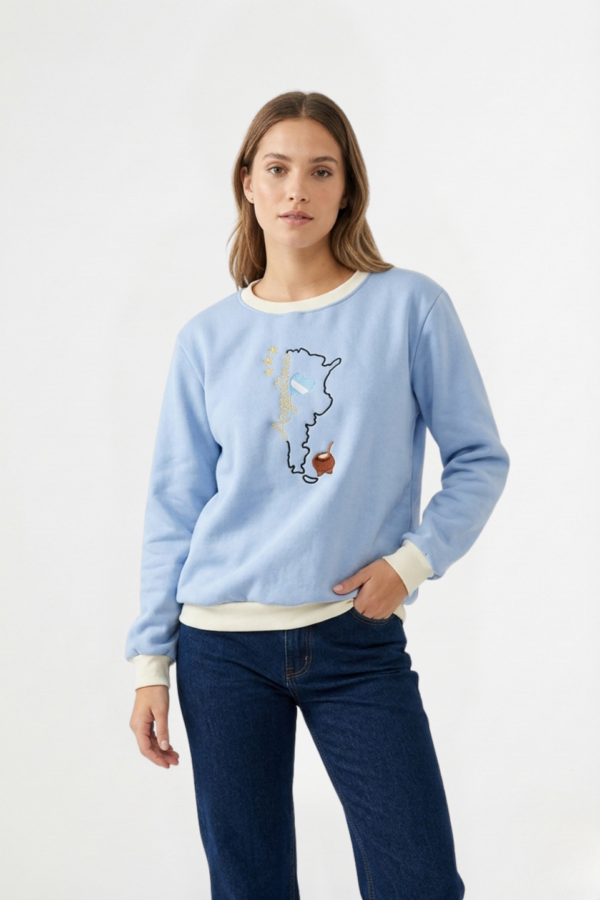 Buzo Frisado Combinado Cuello Redondo Argentina Mapa Con Mate Bordado "INDEPENDENCIA"