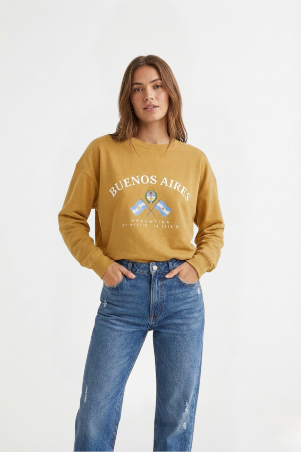 Buzo Rustico Frisado Cuello Redondo Buenos Aires Escudo y 2 Banderas En DTF "LENA"