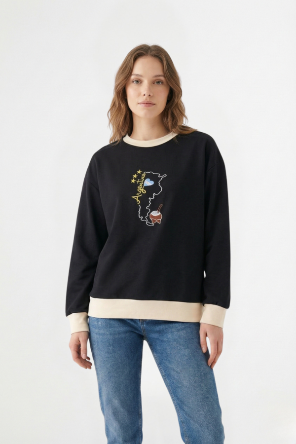 Buzo rustico lycra cuello redondo combinado con mate bordado "GLENDA"