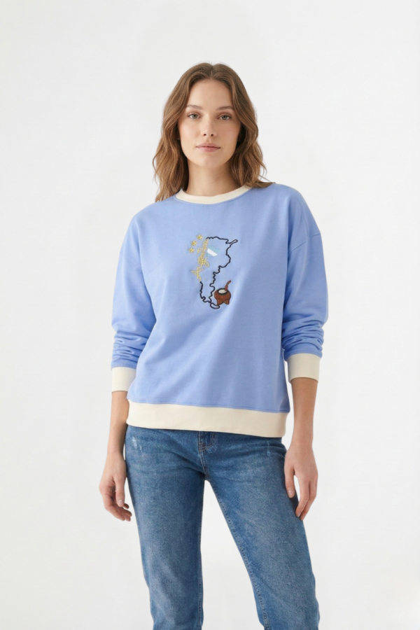 Buzo rustico lycra cuello redondo combinado con mate bordado "GLENDA"