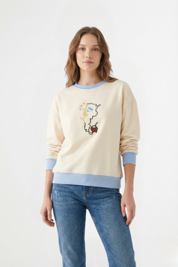 Buzo rustico lycra cuello redondo combinado con mate bordado "GLENDA"