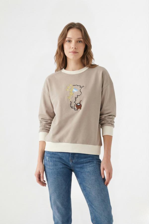 Buzo rustico lycra cuello redondo combinado con mate bordado "GLENDA"