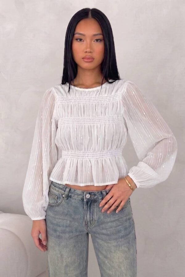 Blusa Manga Larga Fruncida Gasa Sequins Lentejuelas «VIAMO»