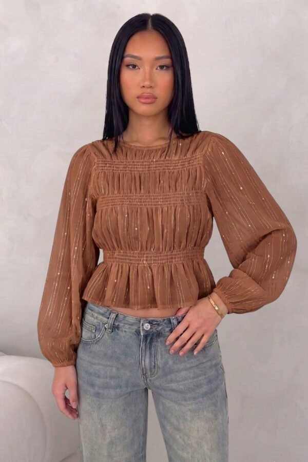 Blusa Manga Larga Fruncida Gasa Sequins Lentejuelas «VIAMO»