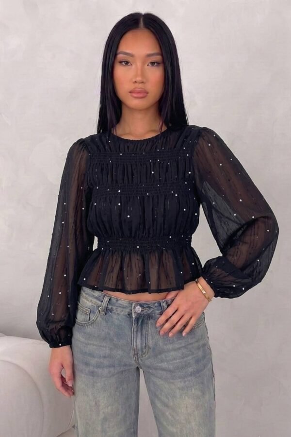 Blusa Manga Larga Fruncida Gasa Sequins Lentejuelas «VIAMO»