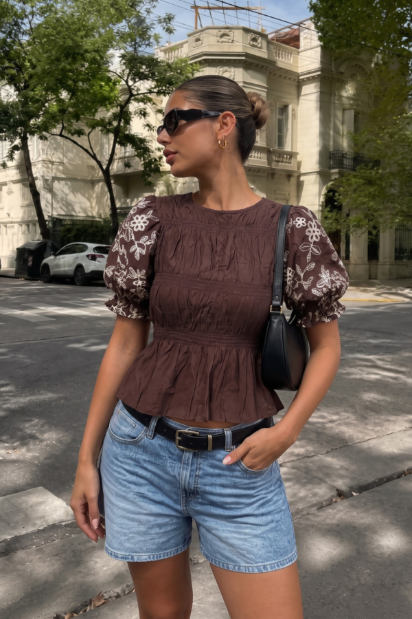Blusa Bambula Combinada Manga Bordada Fruncida "BAMBU"