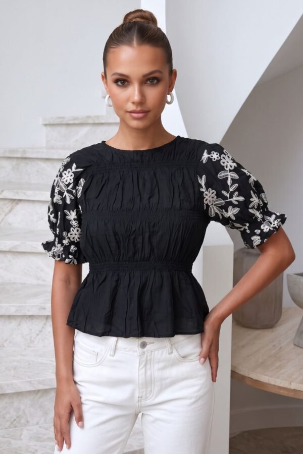Blusa Bambula Combinada Manga Bordada Fruncida "BAMBU"