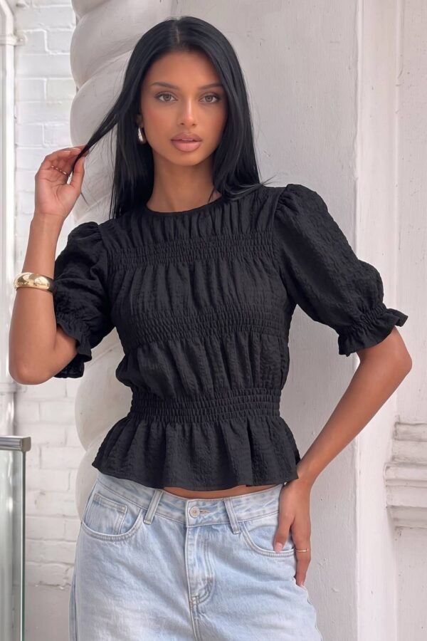 Blusa Texturizada Fruncida Manga Corta Frunce "CANALE"