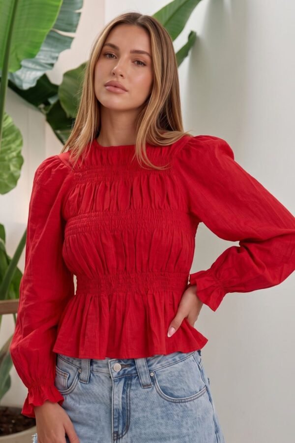 Blusa Bambula Liso Manga Larga Fruncido "DURAZNO"