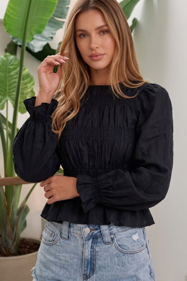Blusa Bambula Liso Manga Larga Fruncido "DURAZNO"
