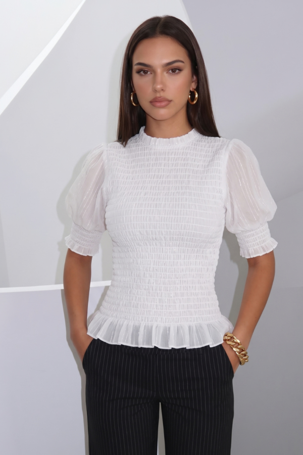 Blusa Frunce Todo El Cuerpo Manga Corta Gasa Lentejuela "SHERI"
